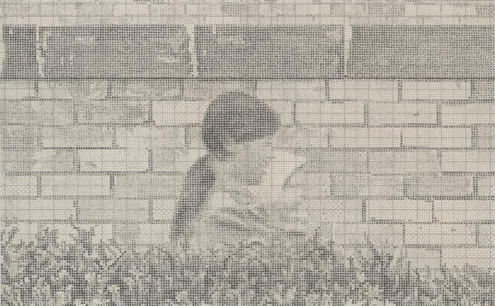 Mother and child, walking past, council housing estate, brick wall, 