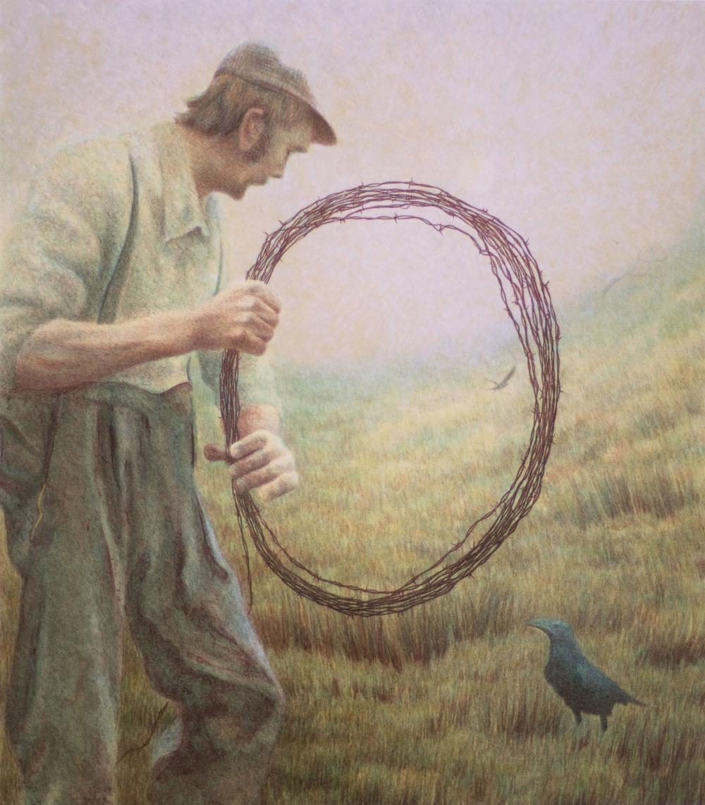 a raven with a farmer holding a circle of barbed wire 