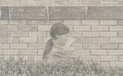 Mother and child, walking past, council housing estate, brick wall, 